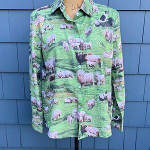 Source Unknown Green Sheep Print Women's Button Down Shirt funky peplum